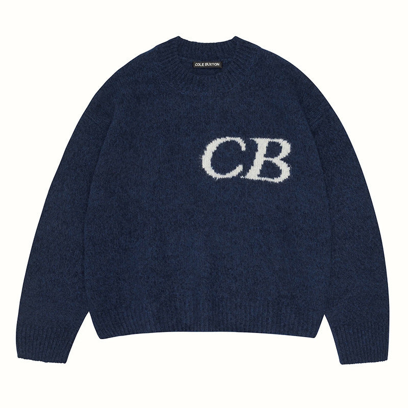 Casual Loose Basic Knit Sweater with CB Letter Crew Neck for Men and Women