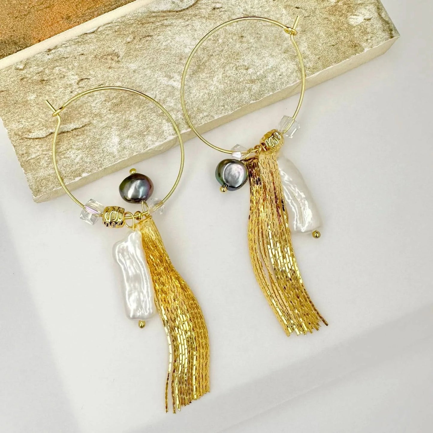 Gold Hoop Baroque Pearl Tassel Earrings