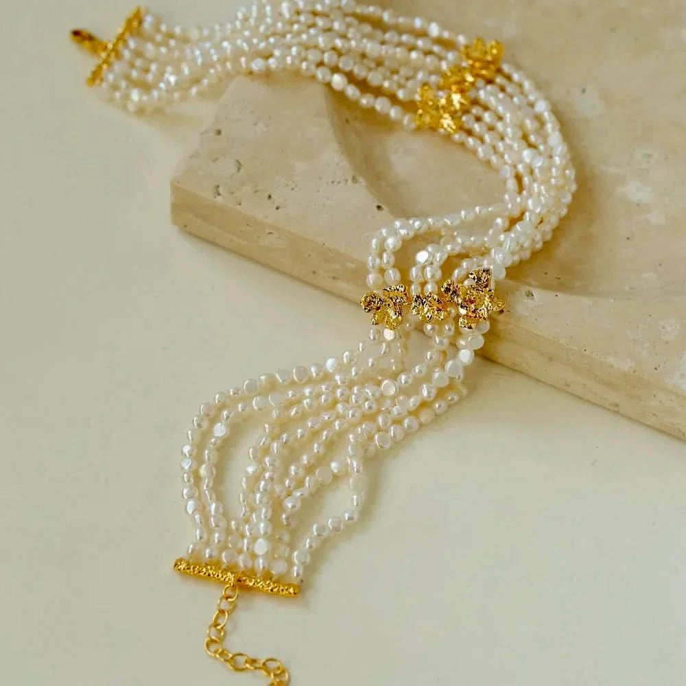 Beaded Multi-Strand Shell Pearl Choker Necklace