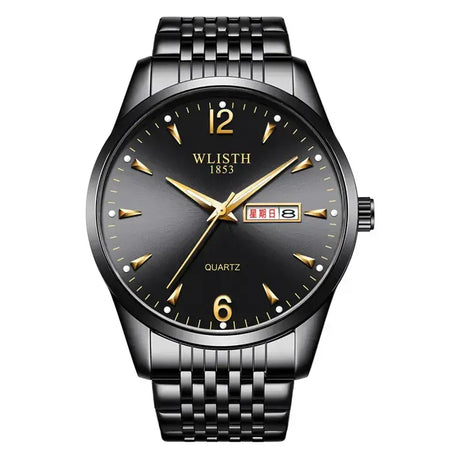Men's Black Quartz Watch with LED Display & Stainless Steel Band