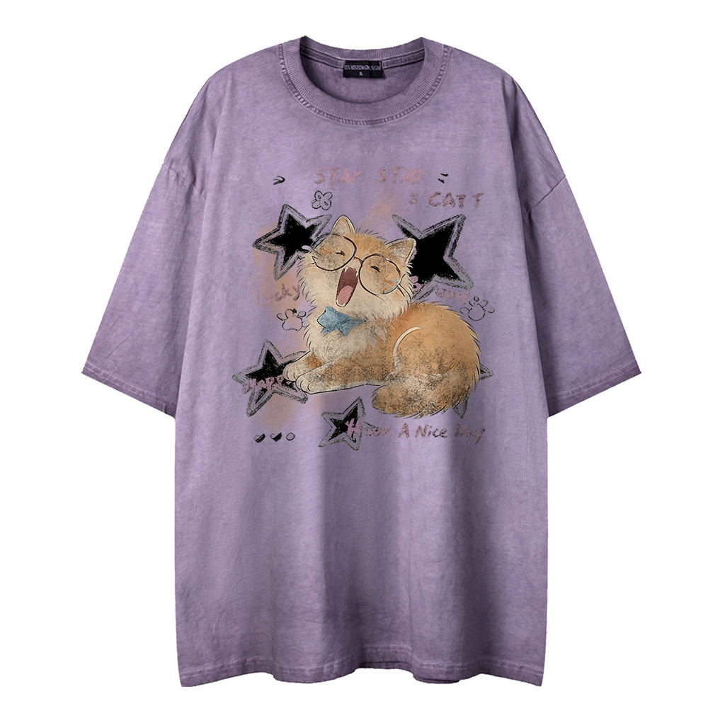 Soft and cute orange cat printed short sleeved shirt