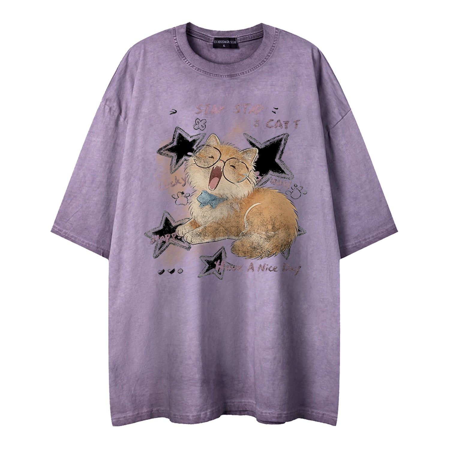 Soft and cute orange cat printed short sleeved shirt