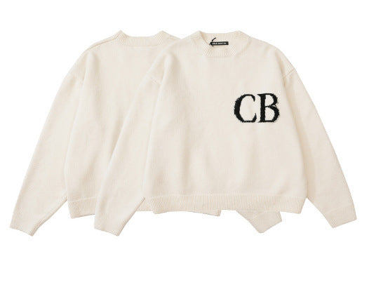 Casual Loose Basic Knit Sweater with CB Letter Crew Neck for Men and Women