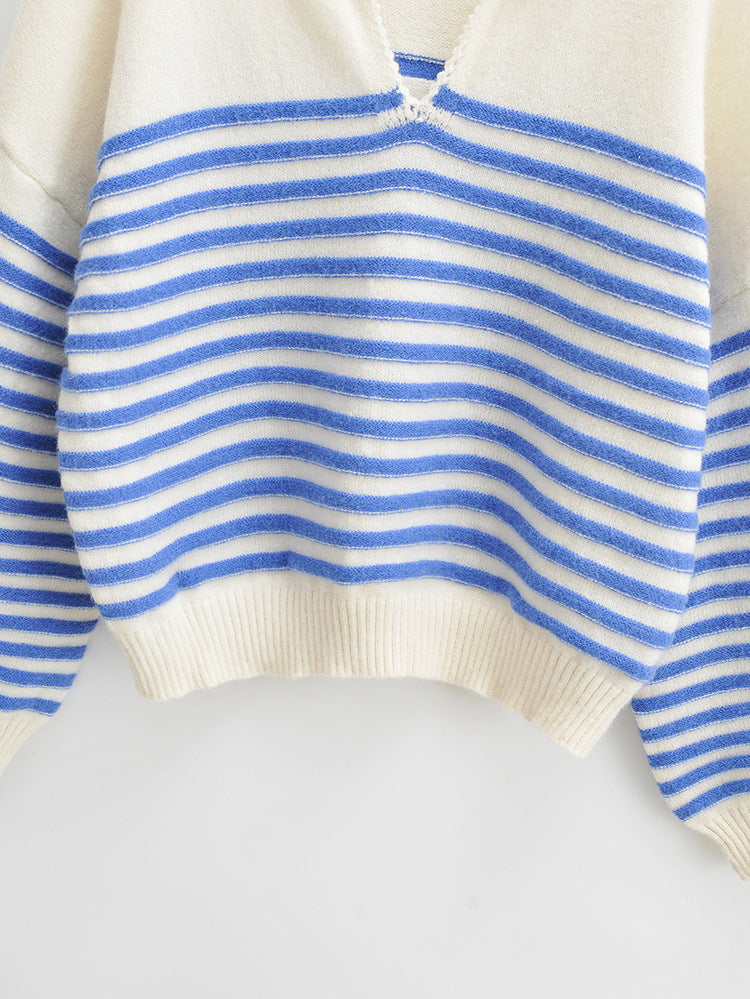 Style V-Neck Striped Knit Sweater Women's 6027