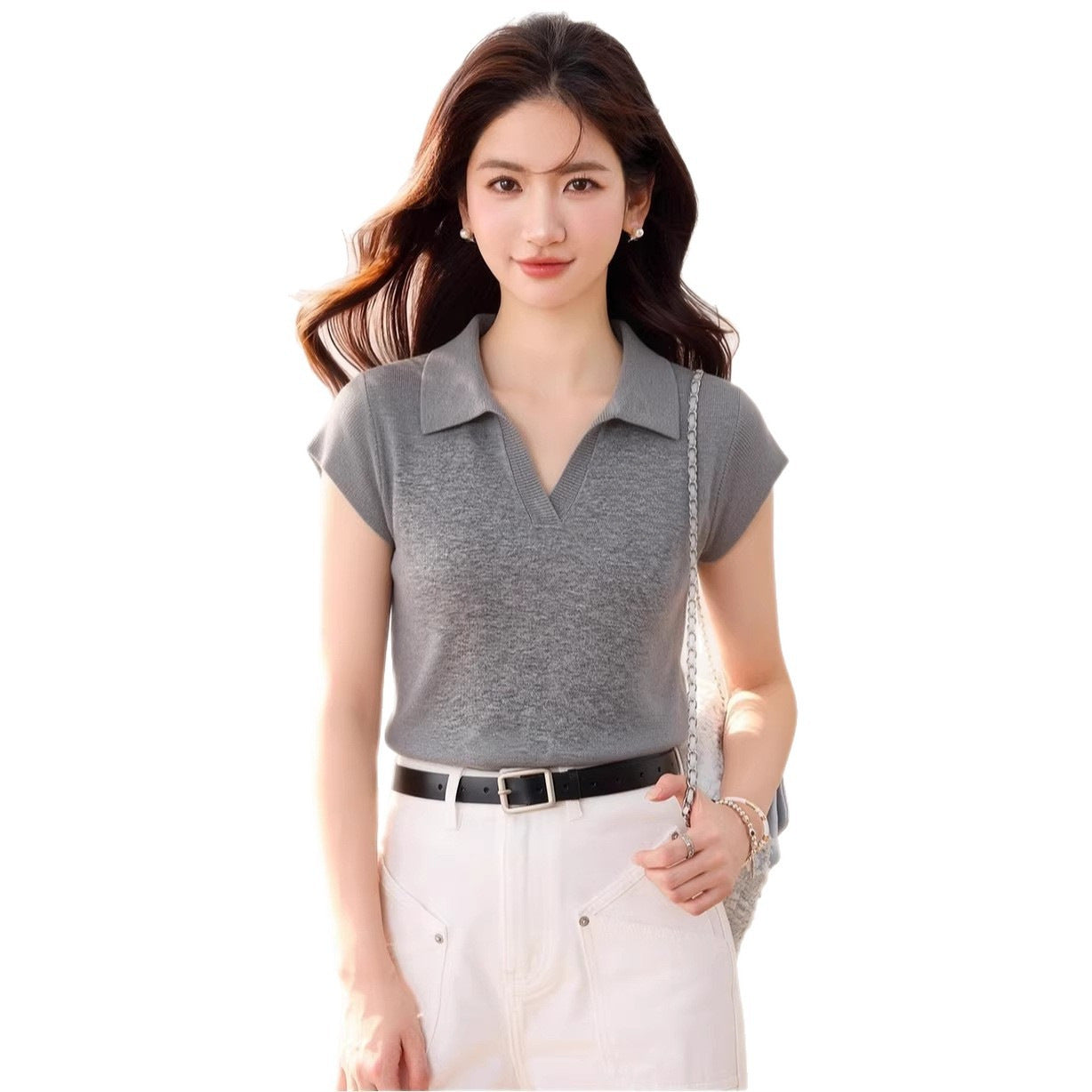 Polo Neck White Ice Silk Knit Short Sleeve T-Shirt for WomenUnique and Stylish Fitted Cropped Top