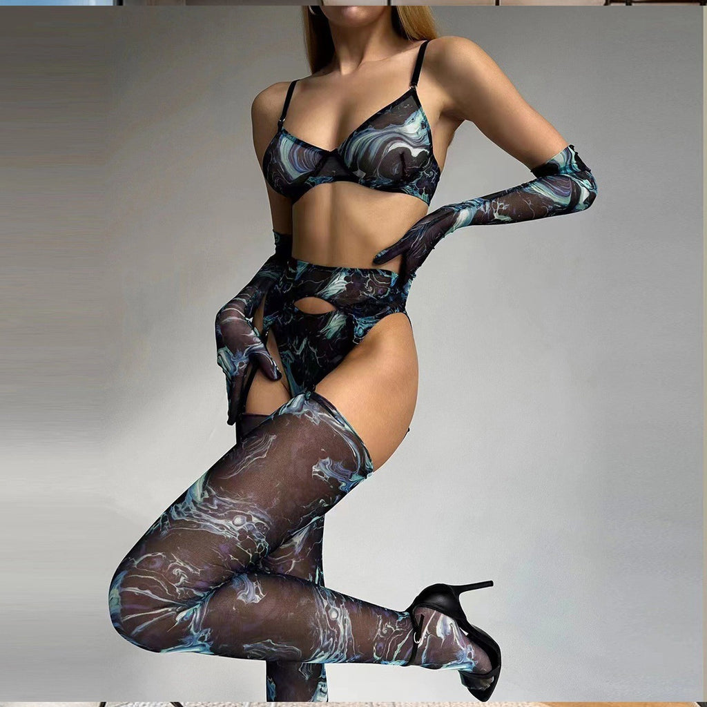 Tie-Dye Colorful Small Bust Gathering Mesh Sexy Lingerie Five-Piece Set for Women