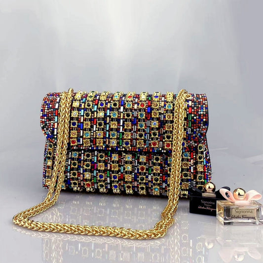 New Elegant Evening Dress Style Brooch-Adorned Clutch Bag with Rhinestones Chain Strap and Cheongsam Design for Formal Occasions