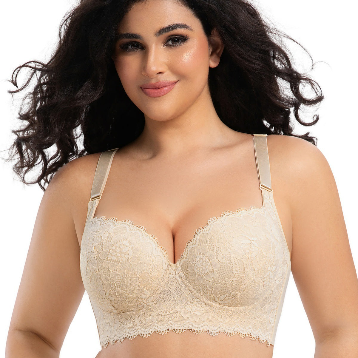 Sexy Lace Seamless Bra for Women with Steel Ring, Push-Up, Side Support, Anti-Sagging, Deep V Neckline, Large Size