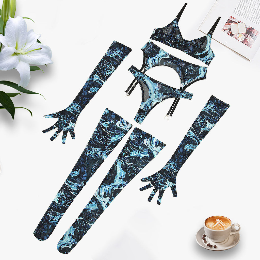 Tie-Dye Colorful Small Bust Gathering Mesh Sexy Lingerie Five-Piece Set for Women