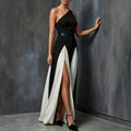 Elegant Single Shoulder Black and White Long Dress, Fashionable Chic Black and White Split Strap Dress