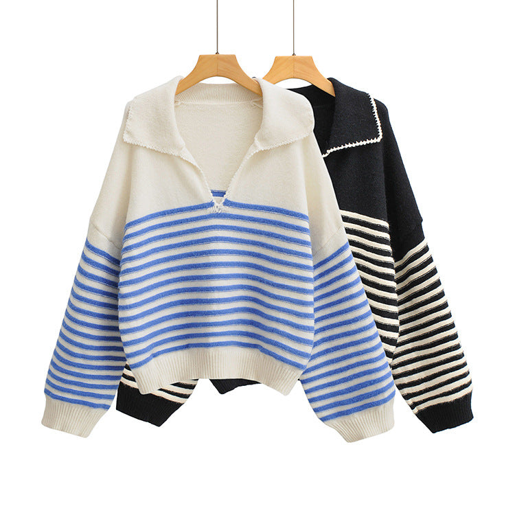 Style V-Neck Striped Knit Sweater Women's 6027