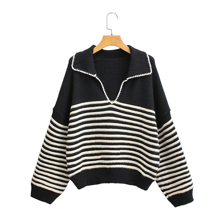 Style V-Neck Striped Knit Sweater Women's 6027