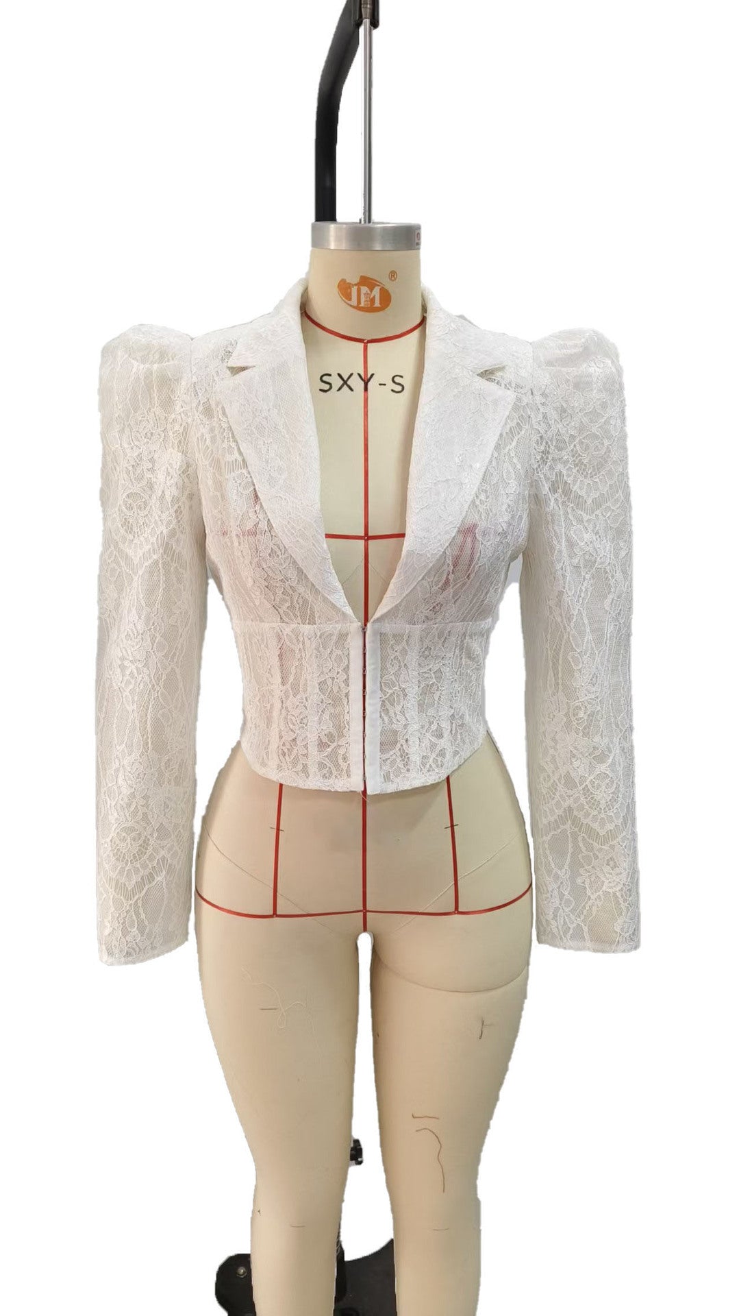 White lace waist cinched bubble sleeve shirt top