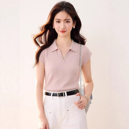 Polo Neck White Ice Silk Knit Short Sleeve T-Shirt for WomenUnique and Stylish Fitted Cropped Top
