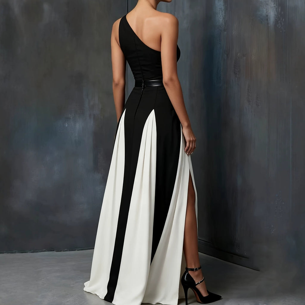 Elegant Single Shoulder Black and White Long Dress, Fashionable Chic Black and White Split Strap Dress