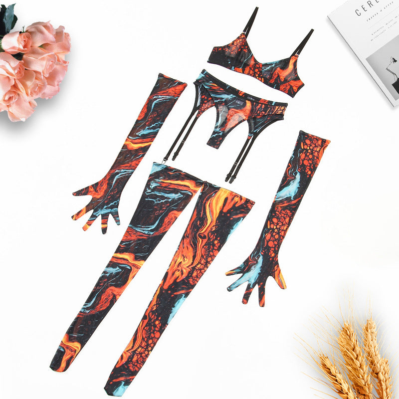 Tie-Dye Colorful Small Bust Gathering Mesh Sexy Lingerie Five-Piece Set for Women