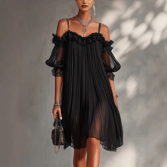 Sexy Sheer Lace Spliced Strap Solid Color Backless Dress