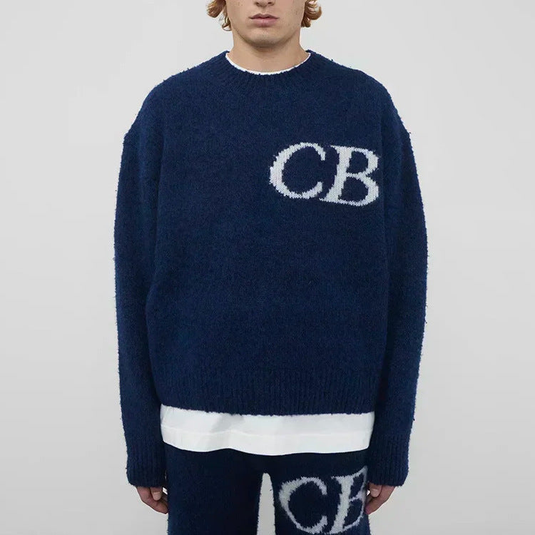 Casual Loose Basic Knit Sweater with CB Letter Crew Neck for Men and Women