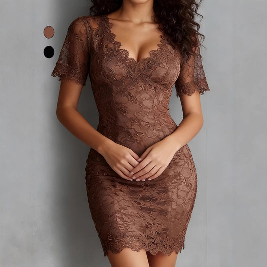Sexy V-Neck Lace Sheer Bodycon Dress, Fashion Fitted Slimming