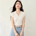 Polo Neck White Ice Silk Knit Short Sleeve T-Shirt for WomenUnique and Stylish Fitted Cropped Top