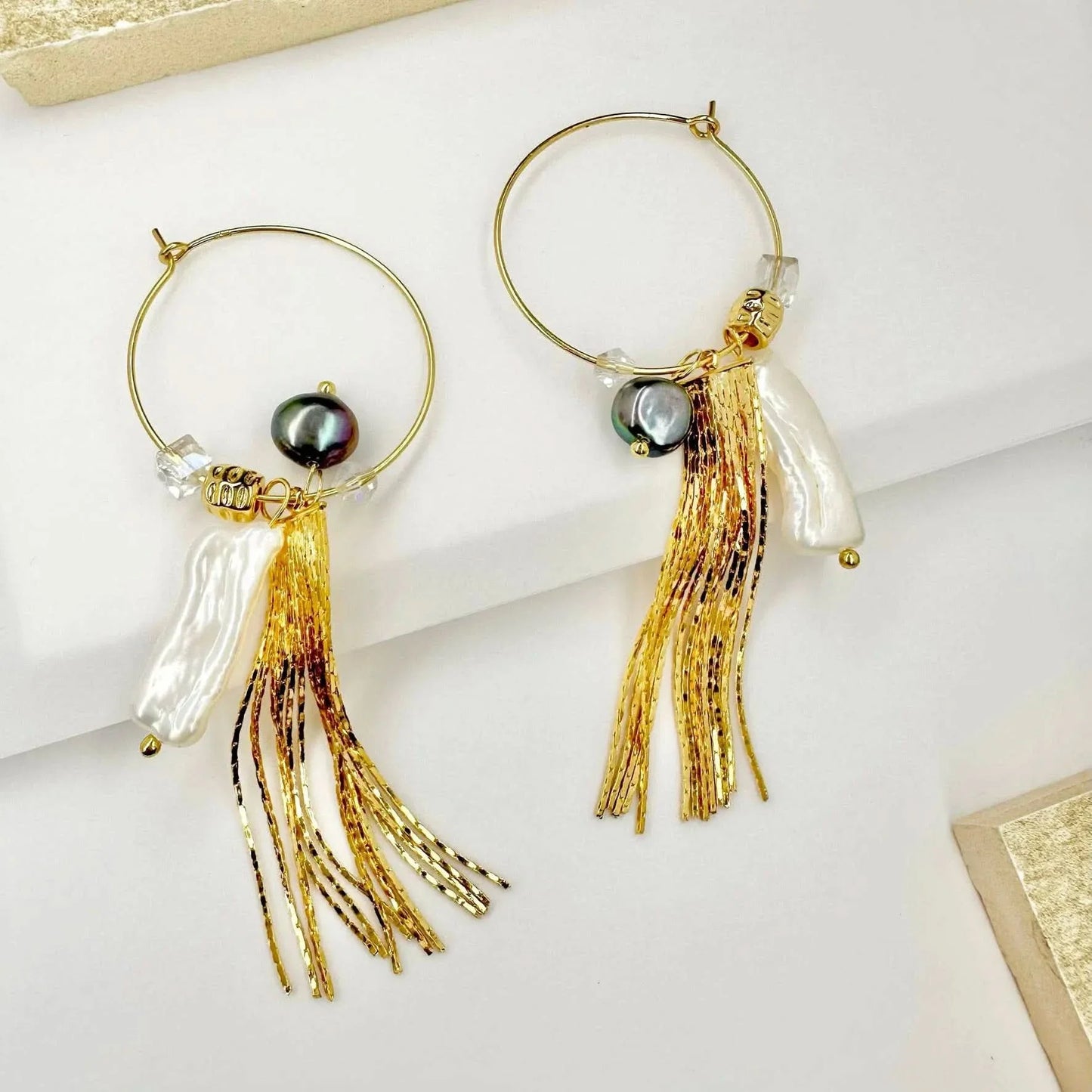 Gold Hoop Baroque Pearl Tassel Earrings