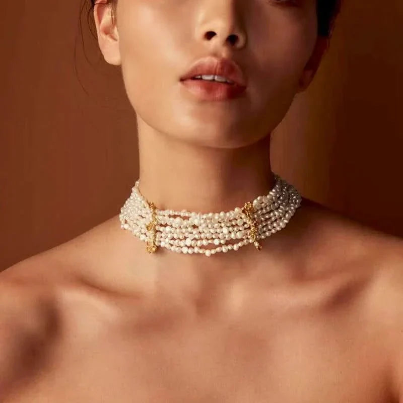 Beaded Multi-Strand Shell Pearl Choker Necklace