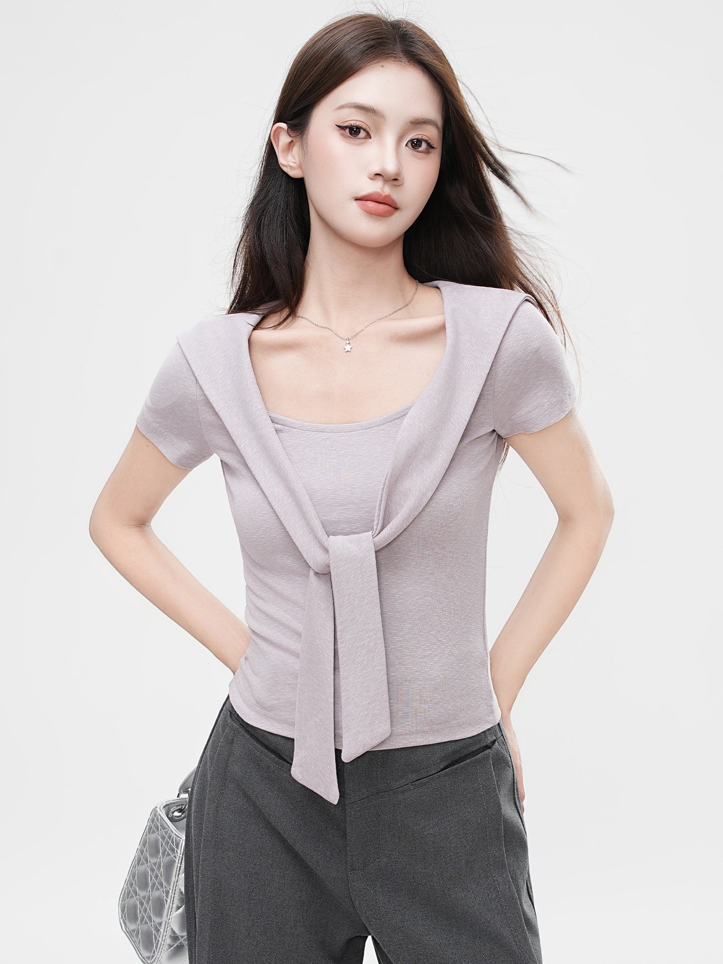 False Two-Piece Design Shoulder Cape V-Neck Short Sleeve T-Shirt Women's Unique Fitted Crop Top