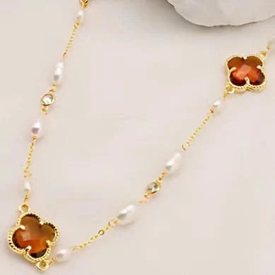 Clover Crystal Freshwater Pearl Long Necklace