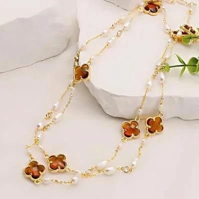 Clover Crystal Freshwater Pearl Long Necklace