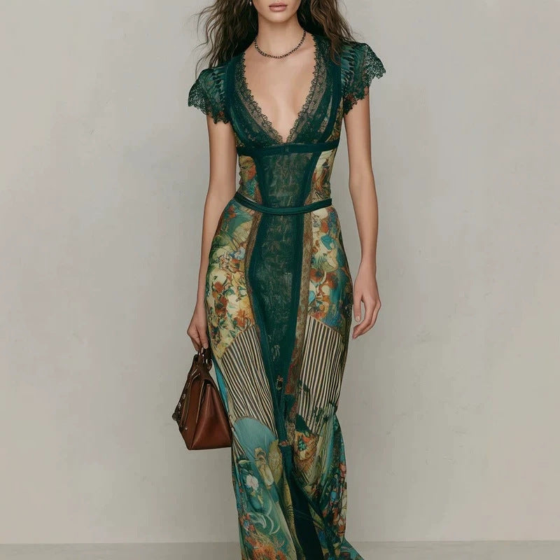 Vintage Emerald Green Lace V-Neck Short Sleeve Patchwork Oil Painting Print Fitted Flared Vacation Fish Tail Long Dress