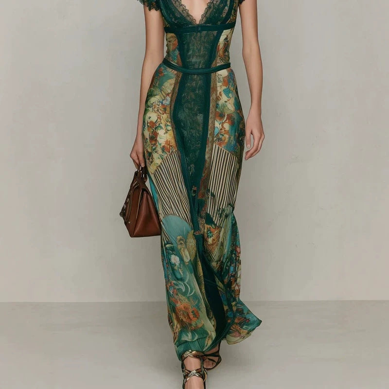 Vintage Emerald Green Lace V-Neck Short Sleeve Patchwork Oil Painting Print Fitted Flared Vacation Fish Tail Long Dress