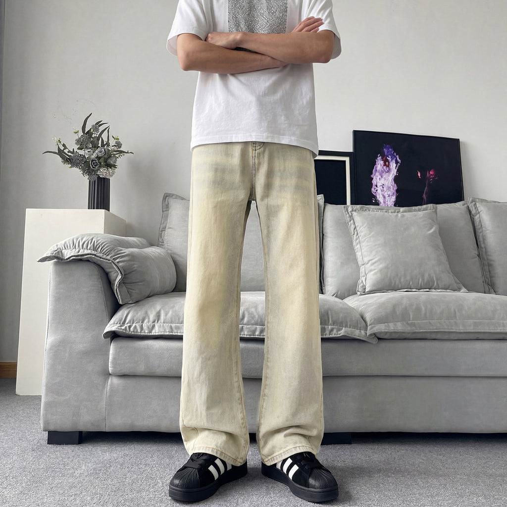 Slant Cut Flared Jeans Men Street Style Clean Fit Straight Leg Slim Flared Pants Vibe Trendy
