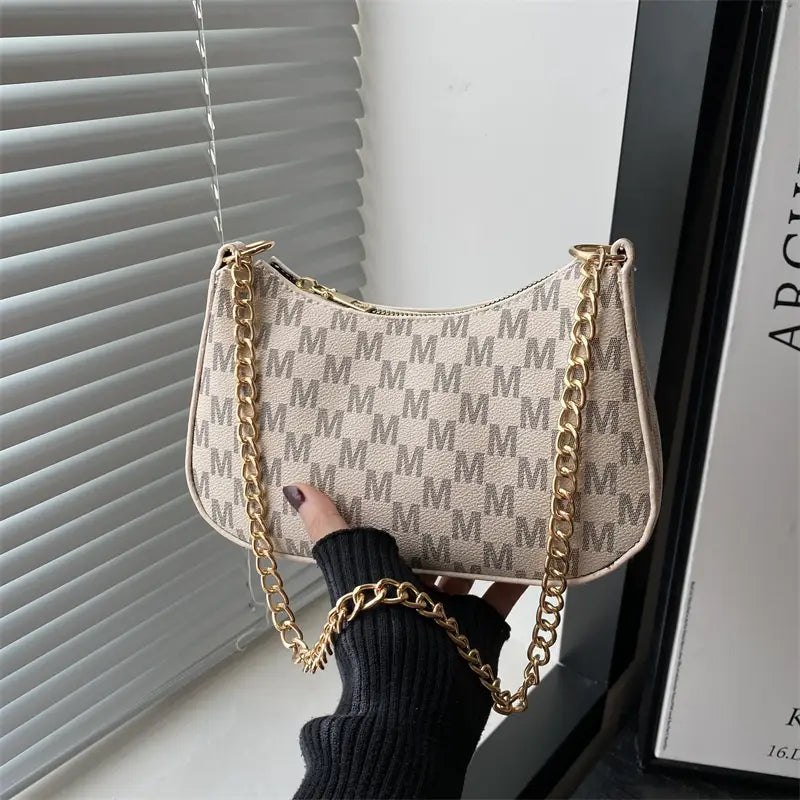Beige monogram chain strap shoulder bag