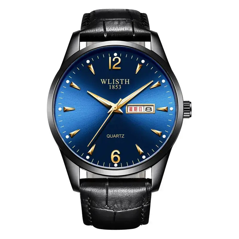 Men's Black Quartz Watch with LED Display & Stainless Steel Band