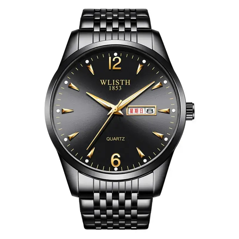 Men's Black Quartz Watch with LED Display & Stainless Steel Band