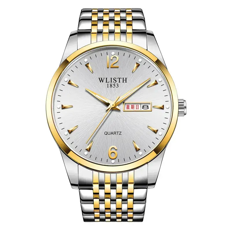 Men's Black Quartz Watch with LED Display & Stainless Steel Band