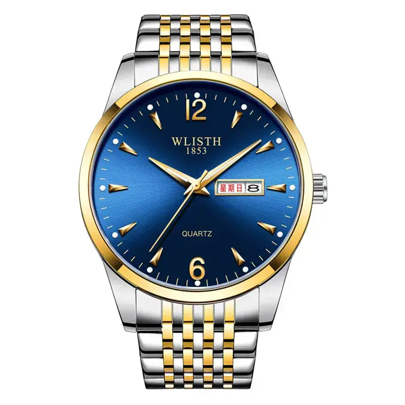 Men's Black Quartz Watch with LED Display & Stainless Steel Band
