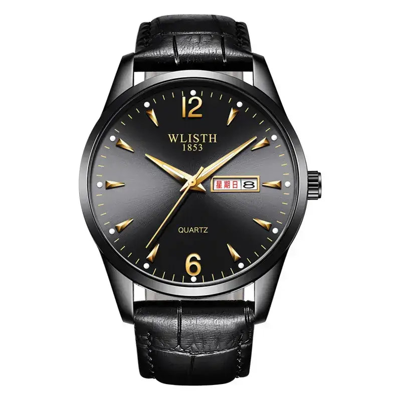 Men's Black Quartz Watch with LED Display & Stainless Steel Band