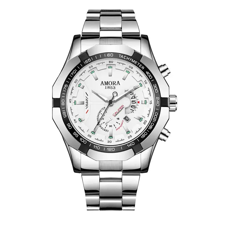 AMORA Men's Luxury Stainless Steel Chronograph Watch – Waterproof Quartz Wristwatch with Date Display