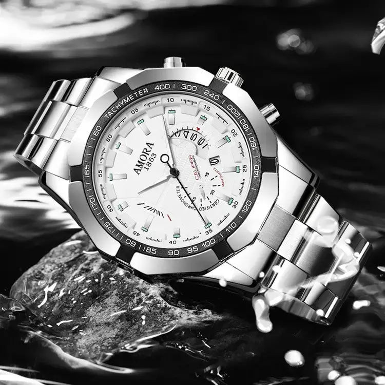 AMORA Men's Luxury Stainless Steel Chronograph Watch – Waterproof Quartz Wristwatch with Date Display