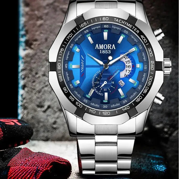 AMORA Men's Luxury Stainless Steel Chronograph Watch – Waterproof Quartz Wristwatch with Date Display